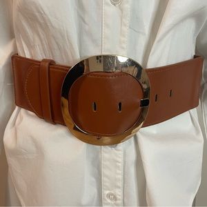 Brown faux leather oval buckle gold tone elastic waistband belt